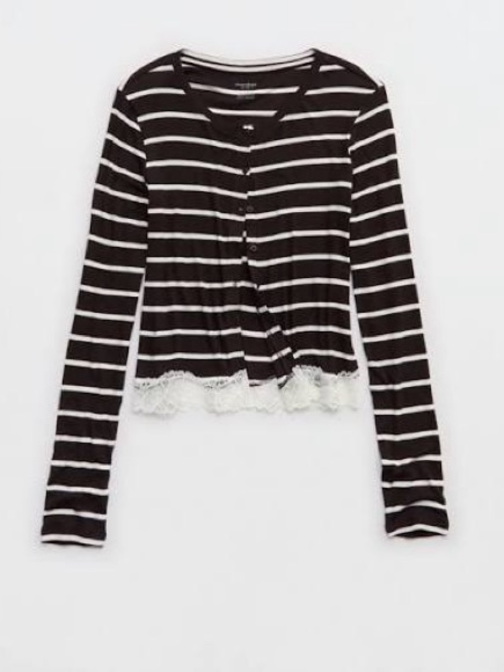 aerie Black & White Striped Long Sleeve Lace-Hem Tee
